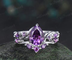 Nature Inspired Pear Amethyst Bridal Set Twisted Unique Twig Vine Teardrop Engagement Ring Set women