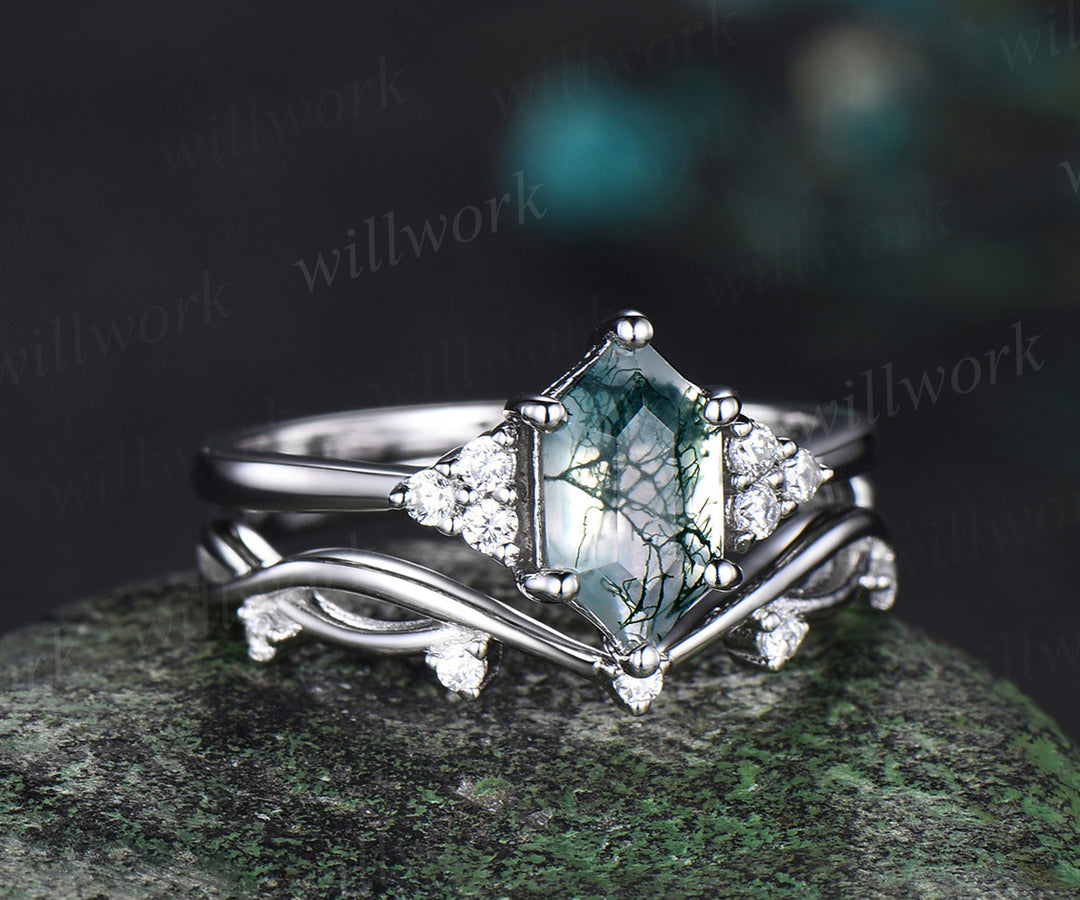 Retro Long hexagon Moss Agate Ring Vintage white gold Ring Set Unique Agate Engagement Ring Women Promise Ring Anniversary Gift