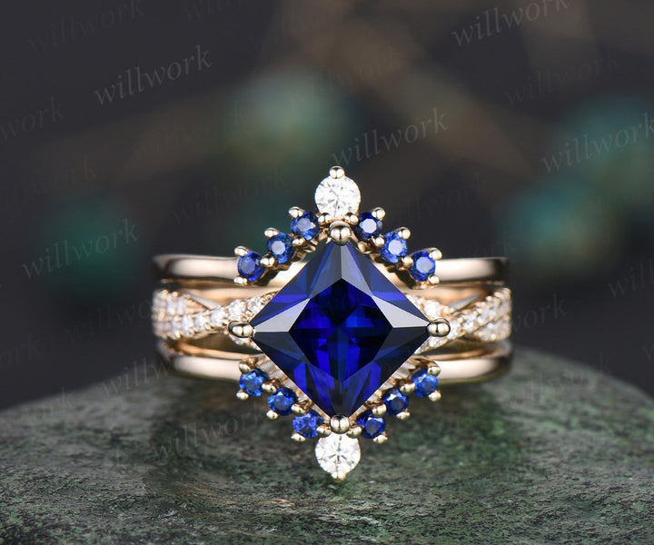 3pcs sapphire bridal ring set unique princess cut sapphire engagement ring set white gold vintage infinity diamond ring dainty for women