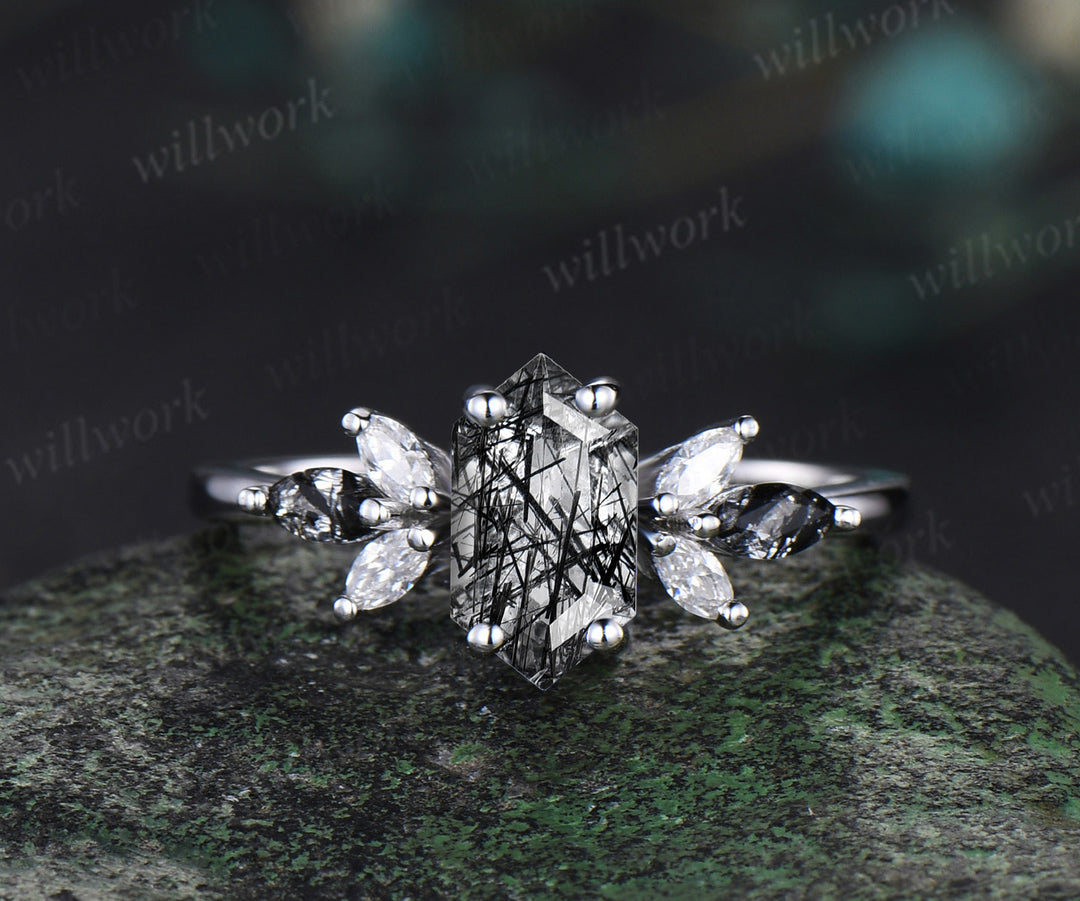 Long hexagon cut black rutilated quartz engagement ring 14k white gold cluster marquise diamond anniversary wedding ring set women gift