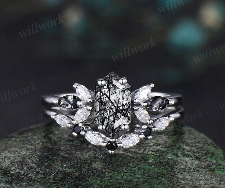 Long hexagon cut black rutilated quartz engagement ring 14k white gold cluster marquise diamond anniversary wedding ring set women gift