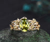 Oval cut peridot engagement ring yellow gold twig leaf art deco Crystal August birthstone anniversary ring women gift