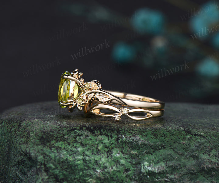 Oval cut peridot engagement ring yellow gold twig leaf art deco Crystal August birthstone anniversary ring women gift