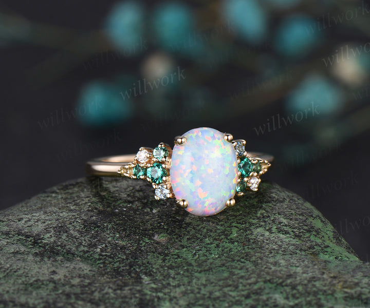 Vintage opal emerald engagement ring rose gold cluster snowdrift peridot topaz ring women gemstone ring unique bridal promise wedding ring