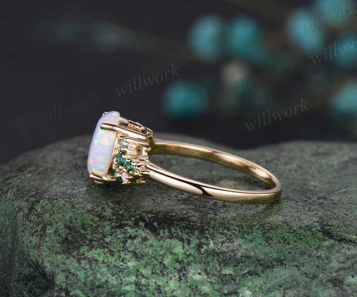 Vintage opal emerald engagement ring rose gold cluster snowdrift peridot topaz ring women gemstone ring unique bridal promise wedding ring