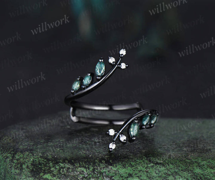 Unique kite cut moss agate leaf engagement ring set twig nature inspired 14k black gold diamond enhancer wedding ring band women