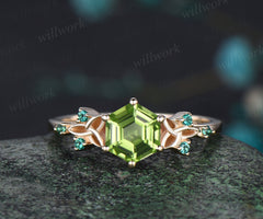 Hexagon Cut Natural Peridot Engagement Ring August Birthstone Celtic Knot Wedding Ring Emerald Seven Stone Bridal Ring