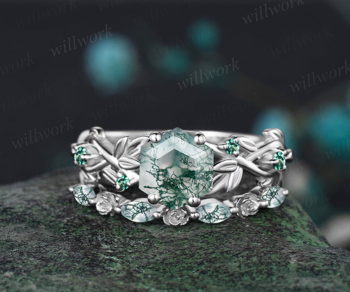 READY TO SHIP: 2PC Hexagon Moss Agate Engagement Ring Set-10k White Gold-Ring Size:5 US