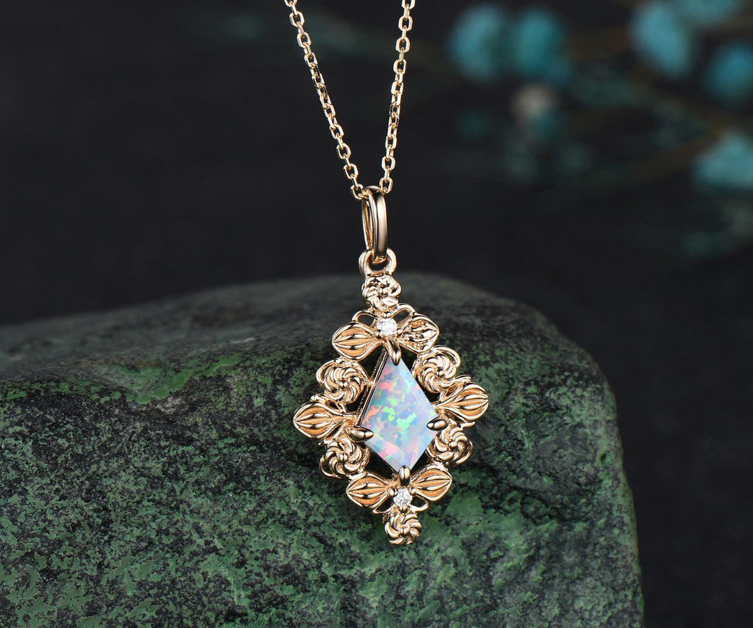 14k rose gold kite cut necklace Opal necklace luxurious retro pendant birthday gift for her