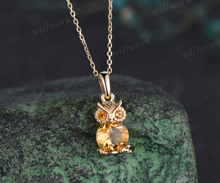 Unique Cute Owl Natural Citrine Wedding Necklace 14k Yellow Gold Mother's Pendant Animal Inspired Anniversary Gift for Daughter