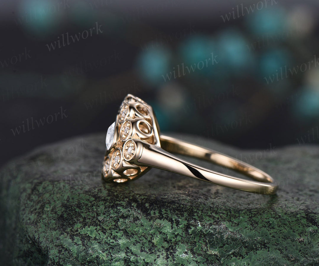 East to West Marquise Lab Grown Diamond Ring Bezel Set Halo Engagement Ring Unique Eye Shape Ring for Her