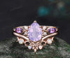 Vintage Pear Cut Lavender Amethyst Engagement Ring Set butterfly ring Opal Wedding Band Nature Inspired 2pcs Bridal Ring Set Vine Twig Branch Leaf Promise Ring Set