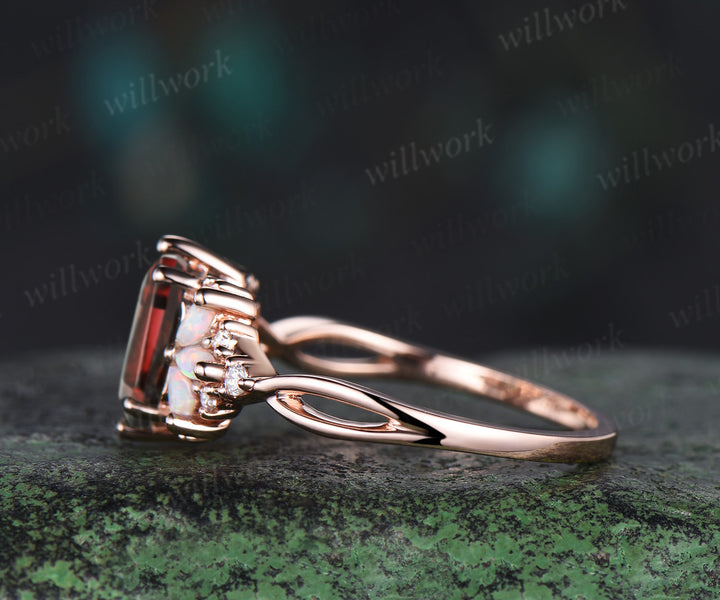 Long Hexagon cut garnet engagement ring rose gold women cluster opal diamond unique promise ring her infinity anniversary gfit