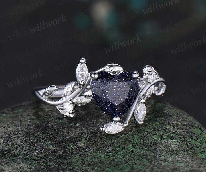 Vintage heart blue sandstone engagement ring white gold twig leaf Nature inspired marquise diamond anniversary ring women gift