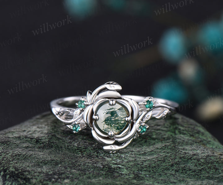 Unique Round Cut Ring Vine Wrapped Moss Agate Ring 14k White Gold Engagement Ring Floral ring Anniversary Gift Ring