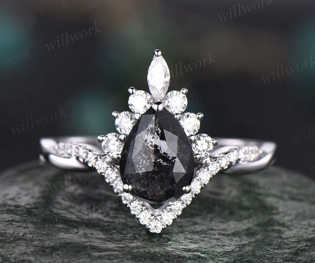 Vintage pear salt and pepper diamond engagement ring set twisted infinity diamond accented wedding bridal ring set women gifts