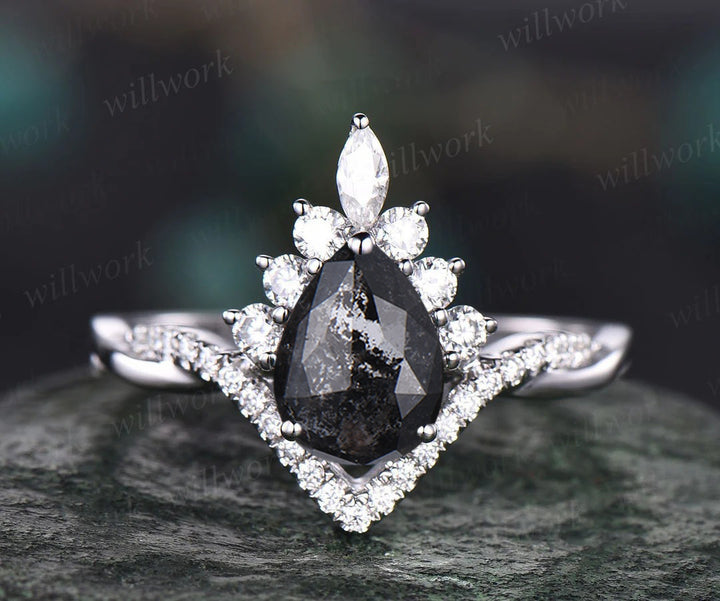 Vintage pear salt and pepper diamond engagement ring set twisted infinity diamond accented wedding bridal ring set women gifts