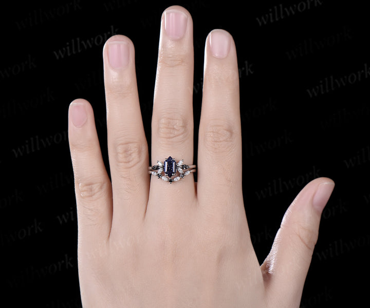 Long hexagon blue sandstone engagement ring 14k white gold cluster black rutilated quartz diamond anniversary wedding ring set women gift