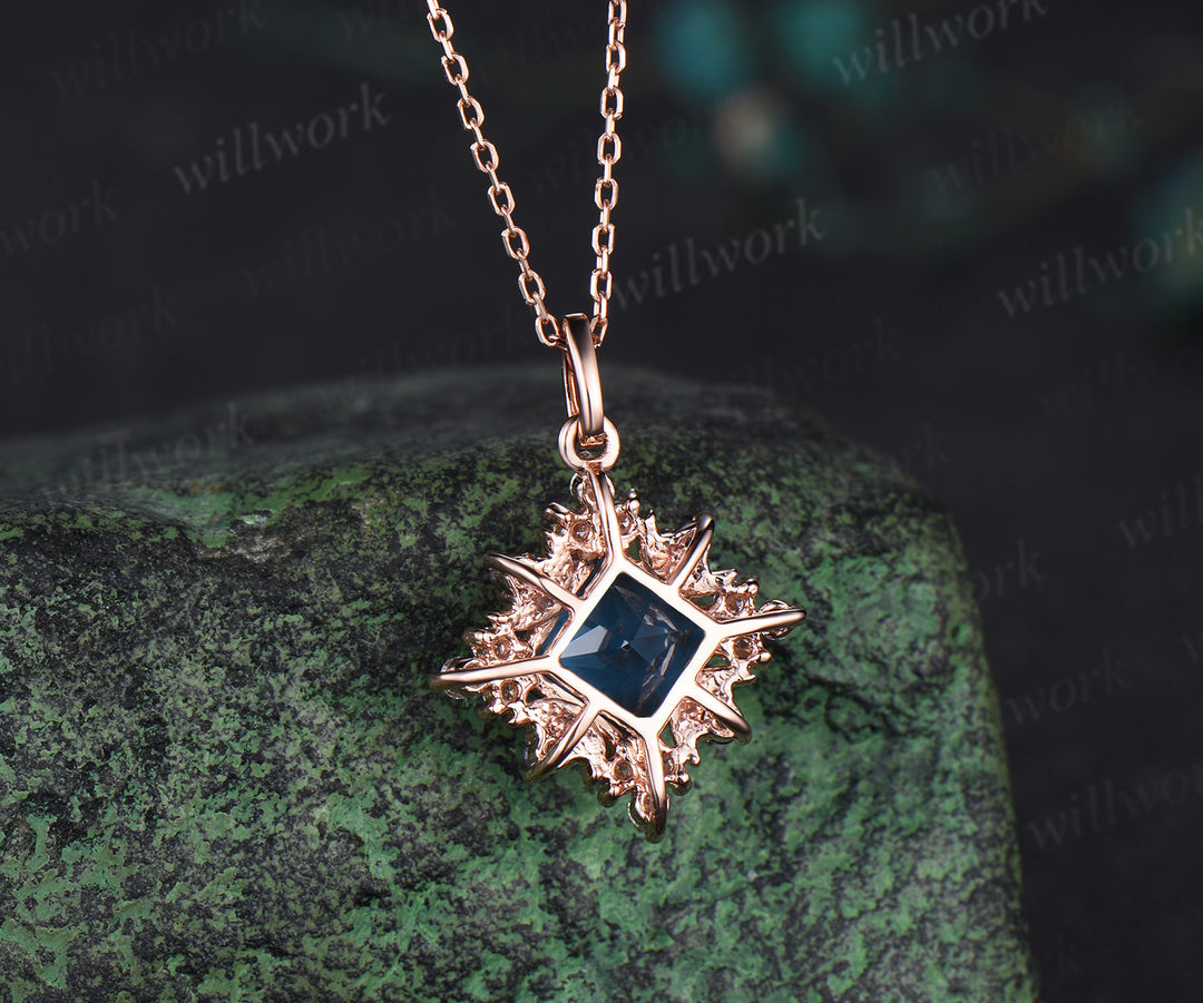 Celestial Moon Pendant Necklace Vintage Princess London Blue Topaz Necklace Square December Birthstone Pendant 14k Rose Gold