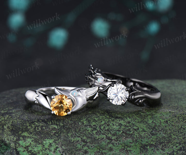 Dragon Moissanite & Fox Citrine Couple Ring Set Fantasy Animal Engagement Rings Unique Promise Wedding Ring