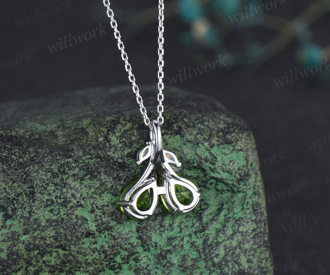 Pear Teardrop Cut Natural peridot Pendant Necklace Opal Leaf Twig Branch Couple August Birthstone Gift
