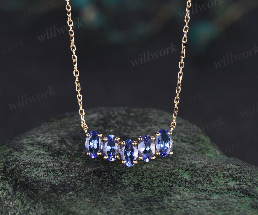 Five stone oval natural Tanzanite necklace solid 14k white gold Pendant For Women Anniversary Gifts