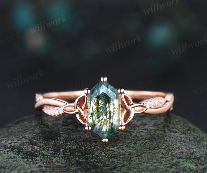 Long hexagon cut moss agate engagement ring 14k rose gold eternity Celtic knot diamond wedding ring women