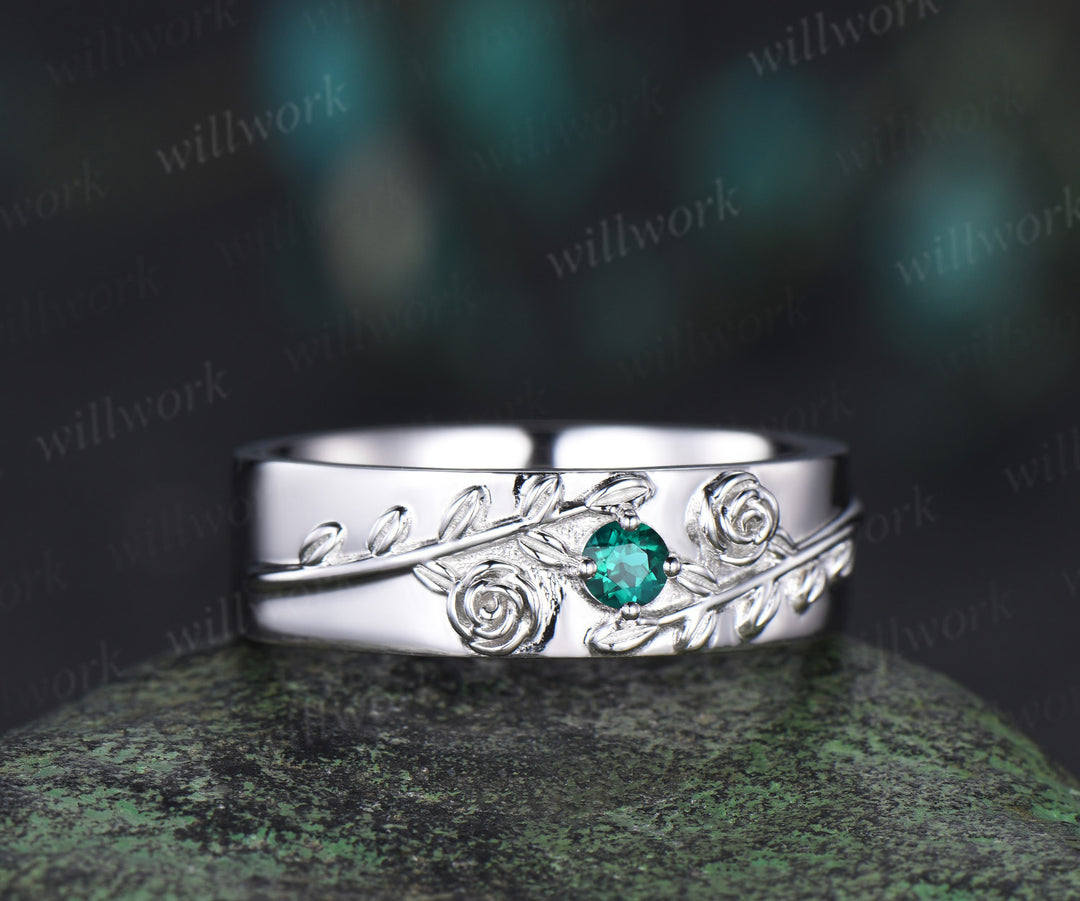 Round green emerald mens wedding band solid 14k white gold leaf floral wedding ring unique anniversary ring gift nature inspired Engagement Ring