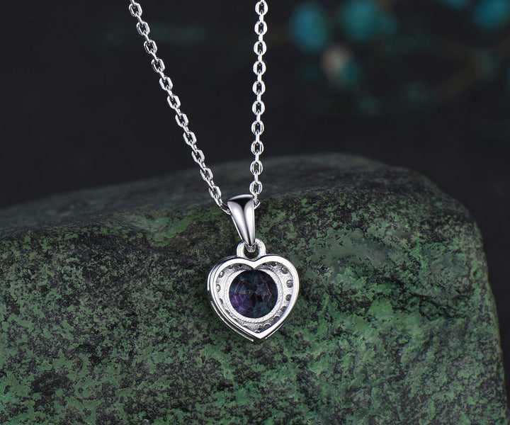 1ct round alexandrite necklace heart halo diamond pendant 14k white gold June birthstone anniversary gift