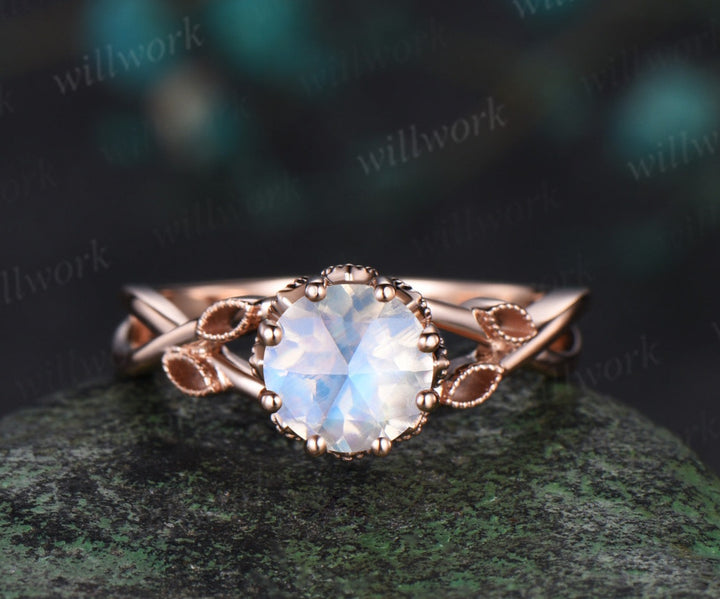 Vintage round rose cut moonstone engagement ring solid 14k rose gold infinity marquise leaf diamond wedding ring set women