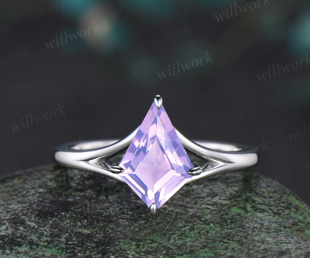 Kite cut Lavender Amethyst 14k white gold unique split shank engagement ring women infinity anniversary gift