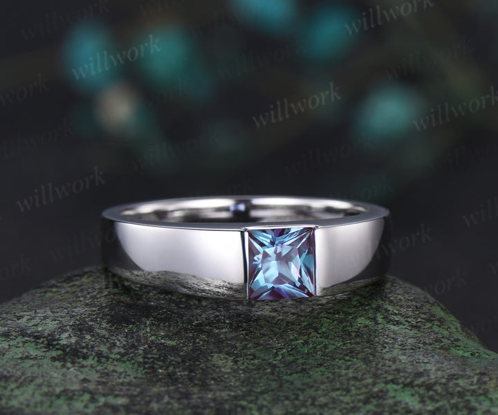 Princess Cut Color-Change Alexandrite mens Wedding Band solid 14k white gold Color-Change Gemston Unique Anniversary Gifts men