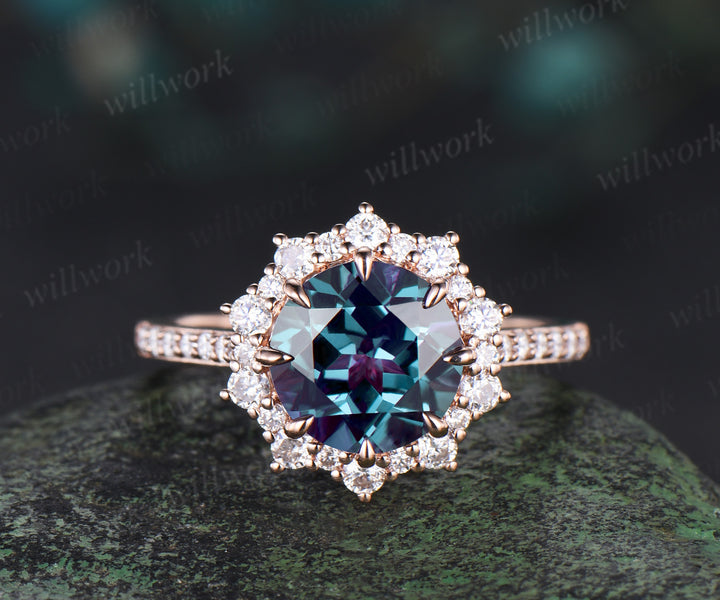 Round cut Alexandrite engagement ring set rose gold milgrain halo half eternity snowdrift diamond ring women unique moissanite bridal ring set