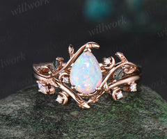 Vintage pear White Opal engagement ring rose gold art deco cluster leaf nature inspired bridal promise wedding ring set women