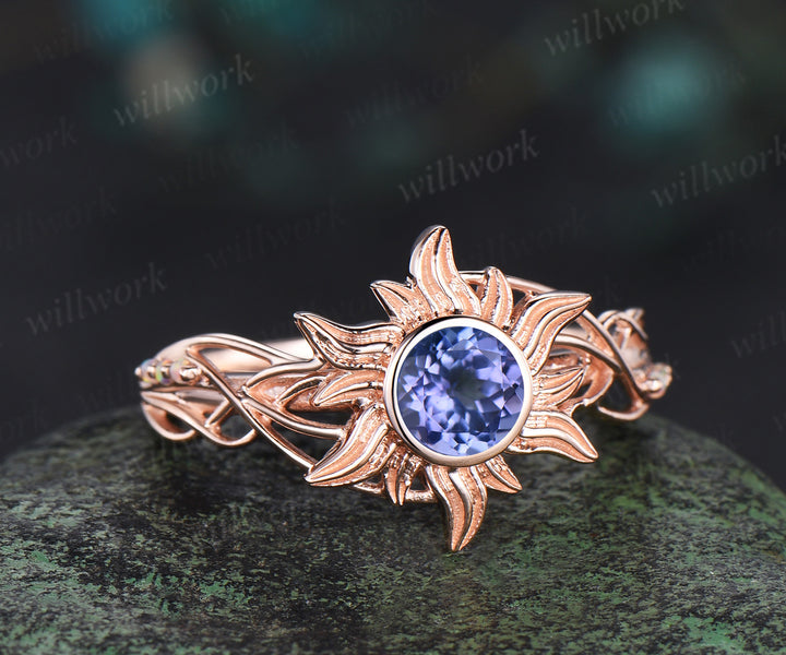 Rapunzel Ring Sun Tanzanite Engagement Ring Tangled Sunflower Ring 14k rose Gold Wedding Ring Birthday Gift For Her