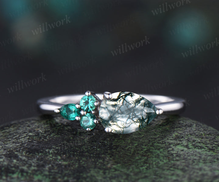 Pear cut moss agate ring white gold East to west emerald four stone unique engagement ring women dainty anniversary gift