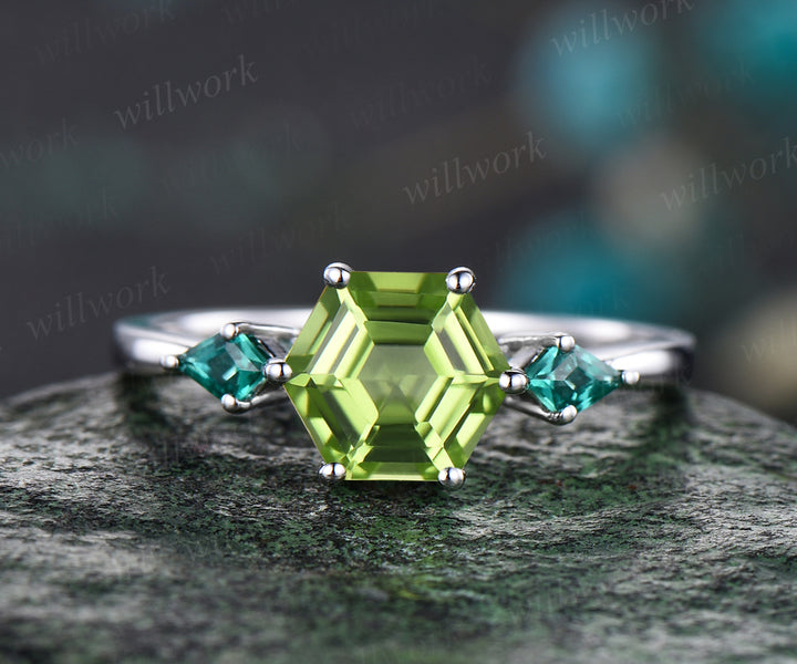 Unique hexagon peridot engagement ring kite cut emerald wedding ring three stones promise ring birthstone jewelry gifts for her