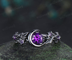 Nature Inspired Round Amethyst Engagement Ring Black Gold Moon Star Leaf Vine Promise Ring
