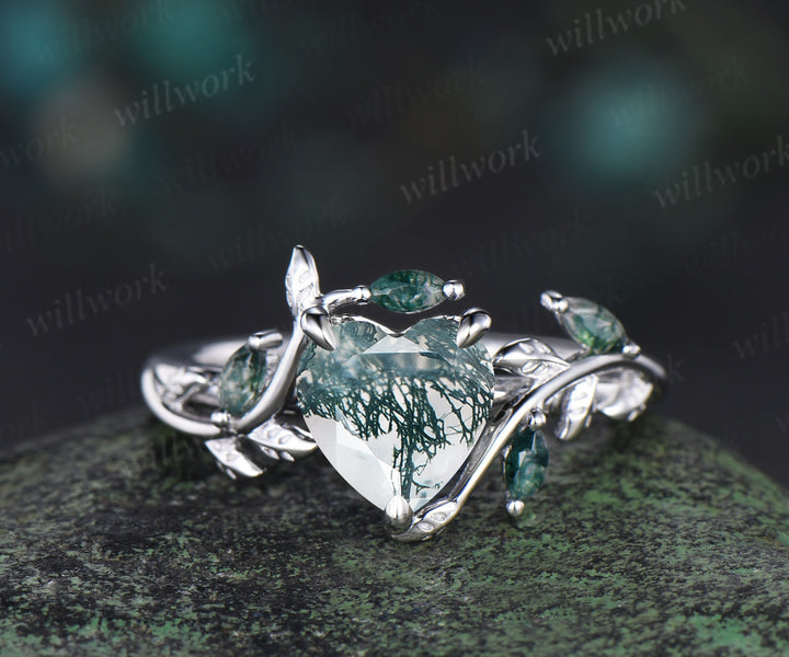 Heart cut moss agate leaf engagement ring women 14k white gold nature inspired promise wedding gift