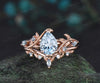 Pear shaped aquamarine engagement ring set rose gold leaf branch March birthstone wedding promise ring set women jewelry