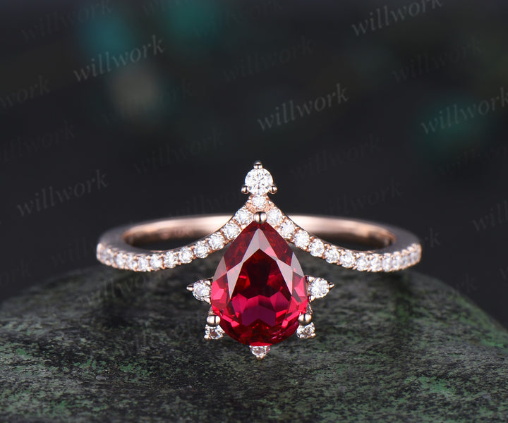 Pear red ruby ring vintage half eternity cluster rose gold engagement ring set moon bezel anniversary gift women