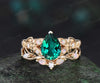 Pear shaped green emerald ring 14k yellow gold opal butterfly Milgrain engagement ring set women art deco unique wedding ring set