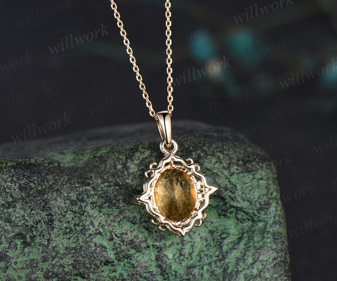 Vintage Oval Cut November Birthstone Natural Citrine Necklace Milgrain 14k yellow Gold Crystal Citrine Pendant Birthday Necklace Women