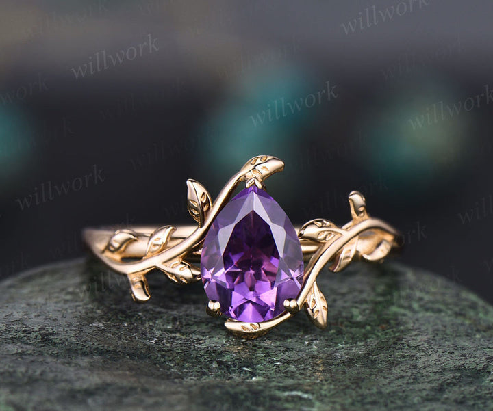 READY TO SHIP: Pear Amethyst Engagement Ring - 14k Yellow Gold - Ring Size: 7 US