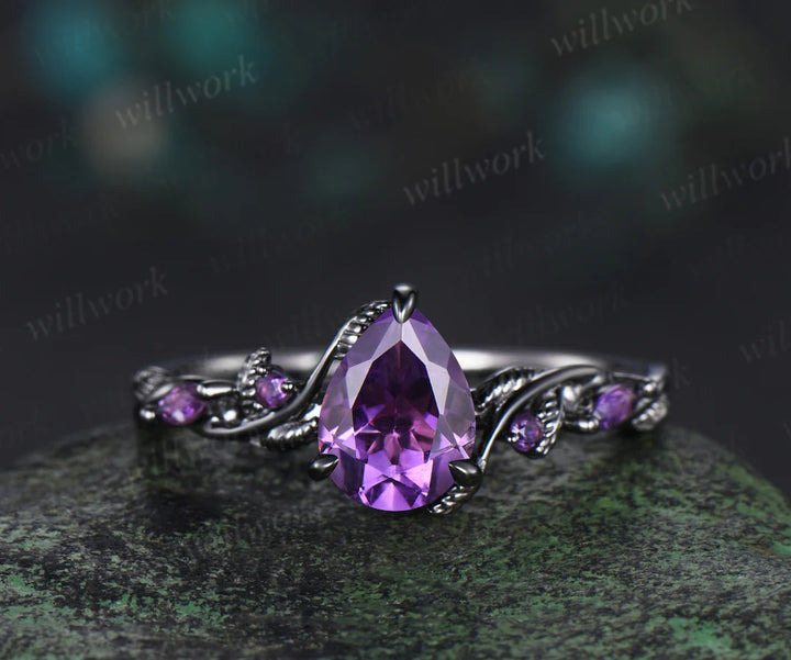 Nature Inspired Pear Amethyst Bridal Set Twisted Unique Twig Vine Teardrop Engagement Ring Set women