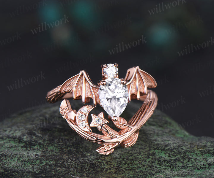 Pear shaped moissanite ring vintage rose gold moon bat engagement ring 14k rose gold retro leaf star diamond promise wedding ring women