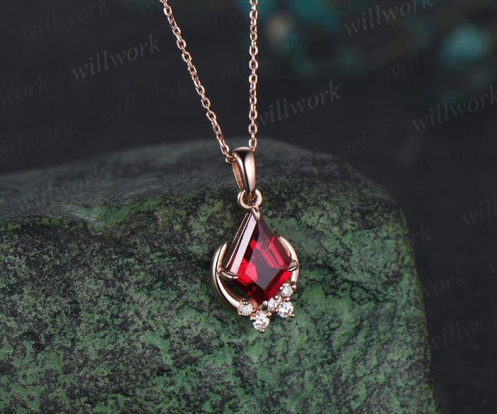 Vintage kite cut red ruby necklace rose gold cluster moon snowdrift diamond pendant women July birthstone anniversary gift