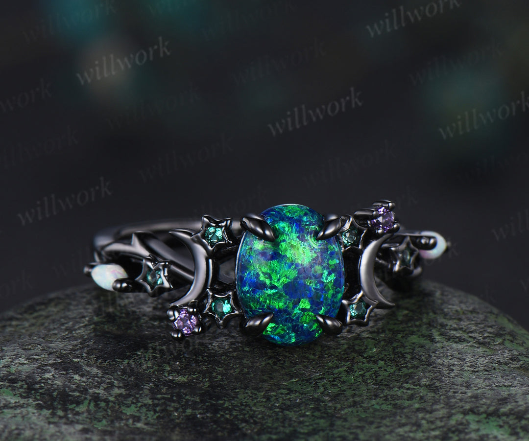 Unique Moon Star Black Opal Engagement Ring Magic Fire Opal Galaxy amethyst Emerald Amethyst ring black gold