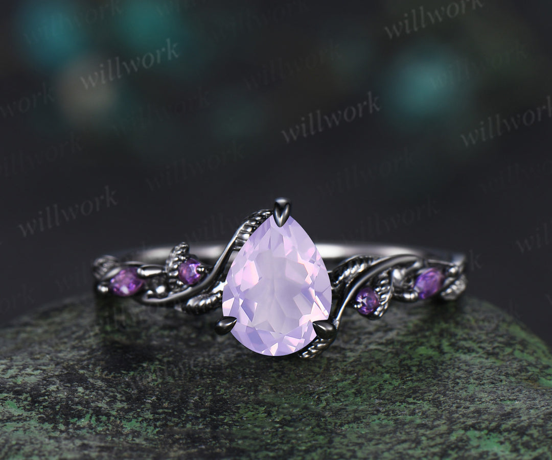 Nature Inspired Pear Lavender Amethyst pearl Bridal Set 14k black gold Unique Twig Vine Teardrop Engagement Ring Ring Set women