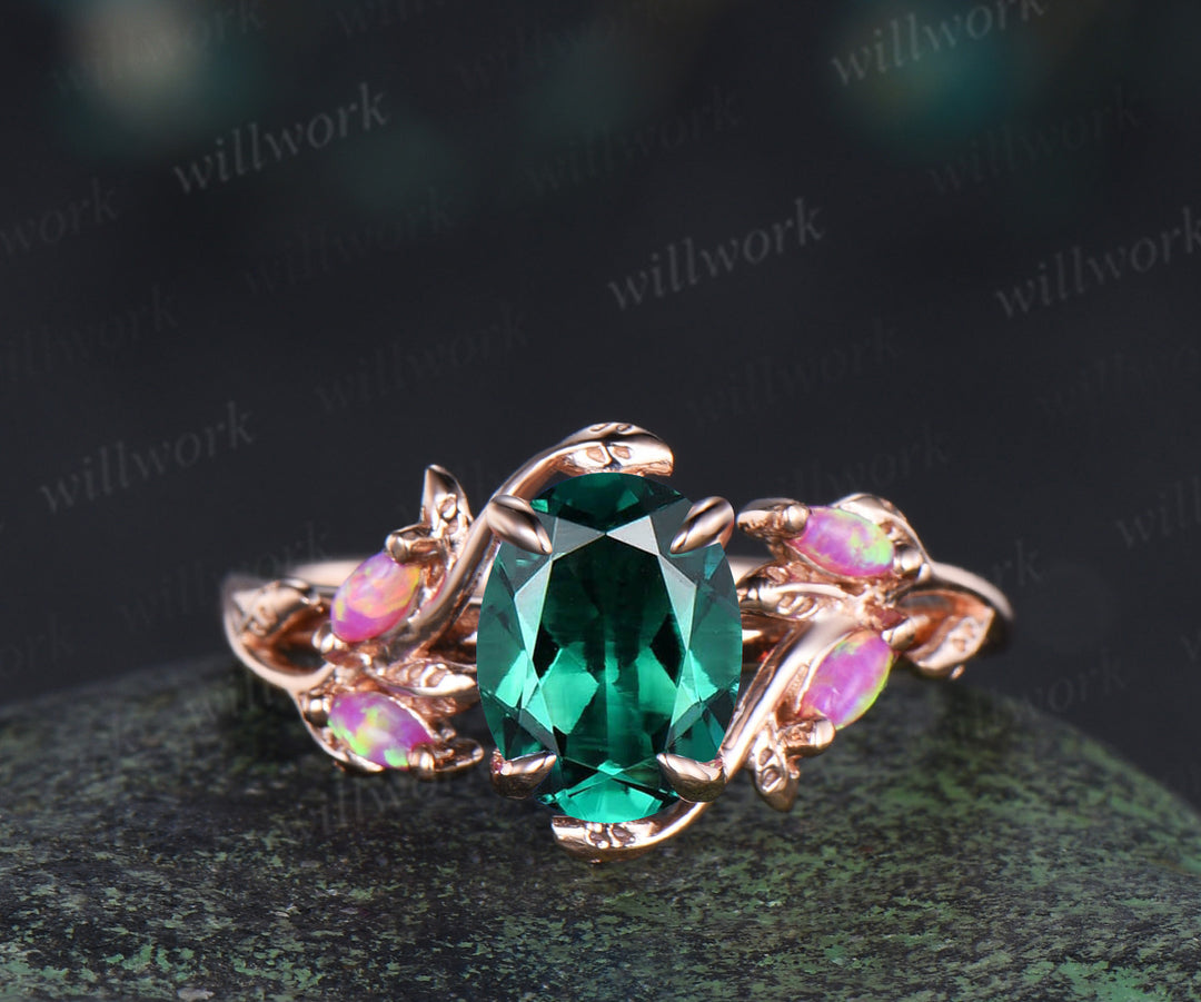Vintage oval emerald engagement ring set marquise purple opal leaf ring marquise emerald moissanite vine wedding band bridal set